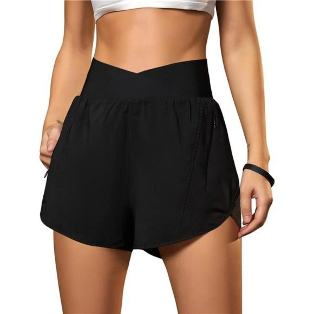 Womens High Waisted Workout Shorts Zipper Pockets Crossover Running Gym